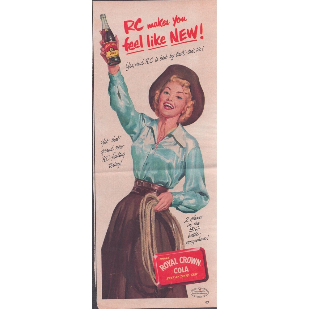 Vintage Royal Crown RC Cola Print Ad Cowgirl Lasso Mid-Century Soda Art 1950s